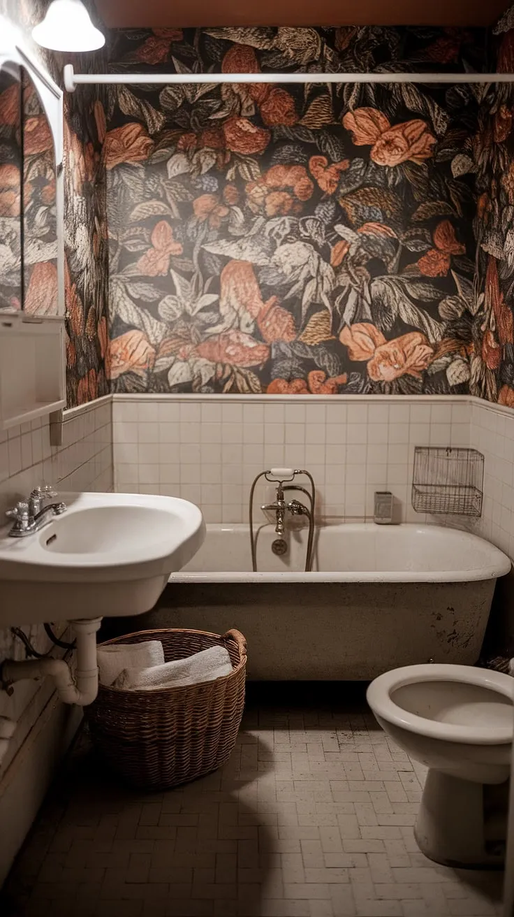 The floral wallpaper and vintage fixtures create a charming grandma bathroom atmosphere, perfect for those who love old-fashioned and cottagecore aesthetics.