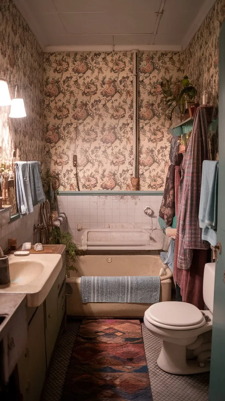 This cozy vintage bathroom features charming floral wallpaper, evoking a grandmacore aesthetic with its old-fashioned tub, sink, and cottagecore decor.