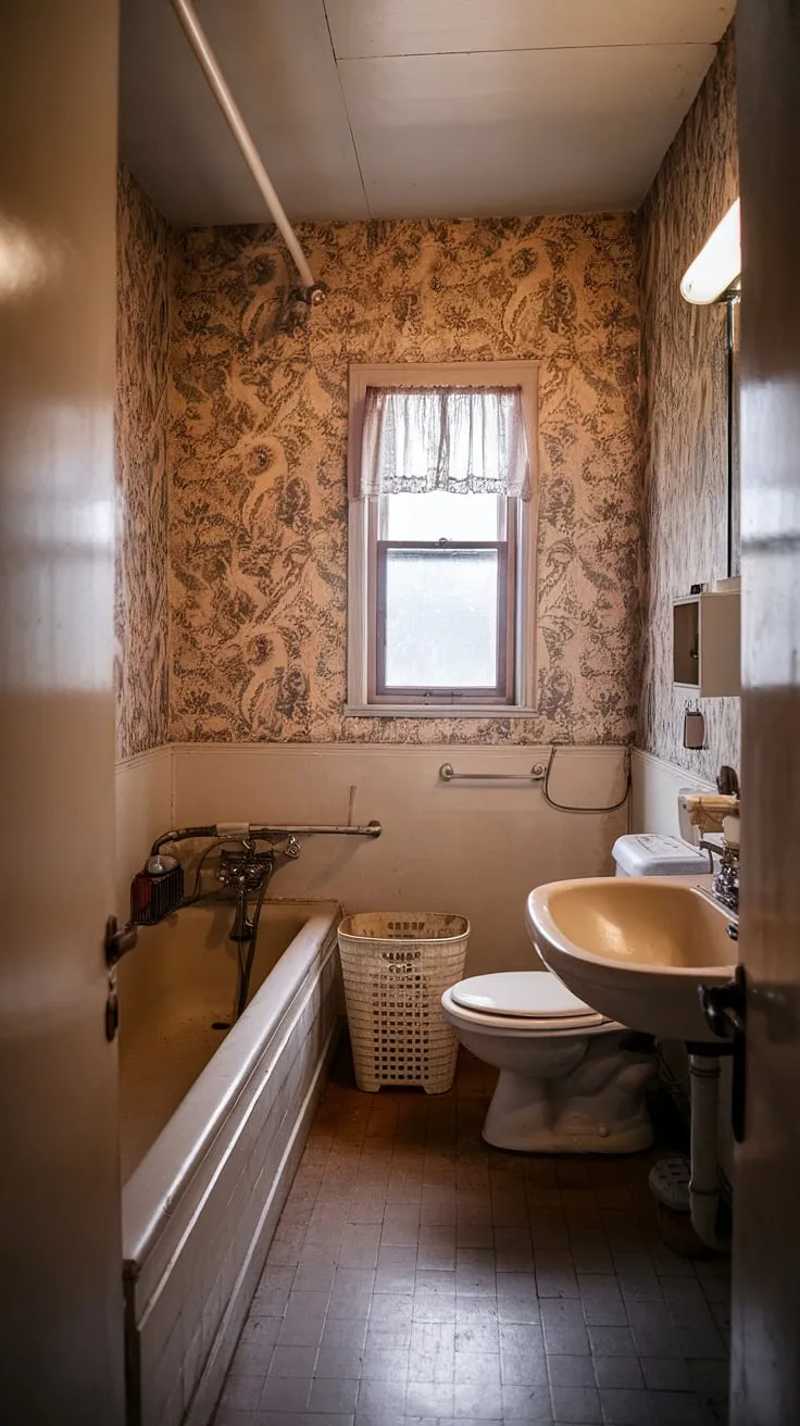 This cozy vintage bathroom features charming floral wallpaper, evoking a grandmacore aesthetic with its old-fashioned bathtub and cottagecore ambiance.