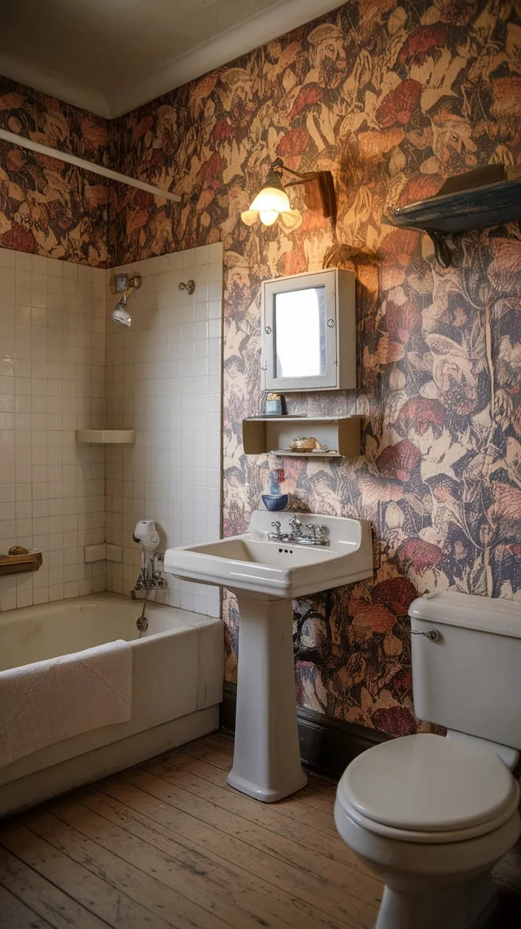 The floral wallpaper in this vintage bathroom creates a warm, inviting atmosphere reminiscent of a grandma bathroom, complete with a classic bathtub and rustic wooden flooring.