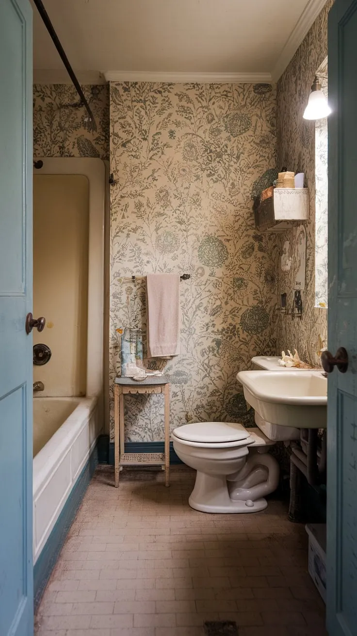 With its floral wallpaper and vintage fixtures, this grandma bathroom exudes a cozy cottage vibe that transports you to a nostalgic, old-fashioned haven.