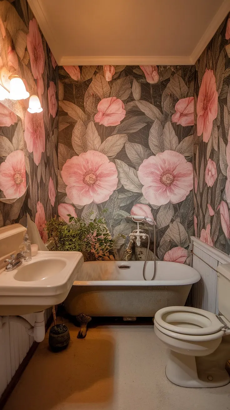 This cozy cottage bathroom features vintage wallpaper adorned with large pink flowers, creating a charming grandmacore aesthetic.