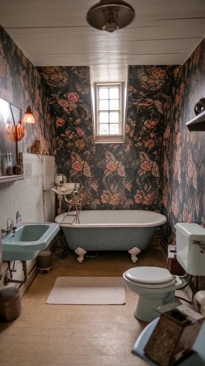 Experience a cozy, nostalgic retreat in a vintage bathroom adorned with floral wallpaper and a charming clawfoot tub, all illuminated by soft, gentle light.