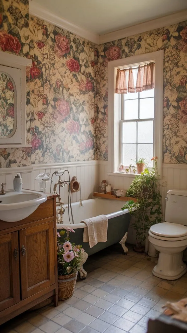 Experience blissful tranquility in a vintage-inspired cottage bathroom, where a clawfoot tub and floral wallpaper create a serene retreat.