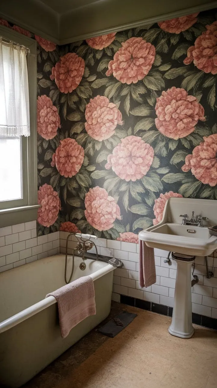 Sunlight waltzes through a lace-trimmed window, illuminating a vintage bathroom where floral wallpaper softly recalls the serenity of tranquil, bygone mornings.