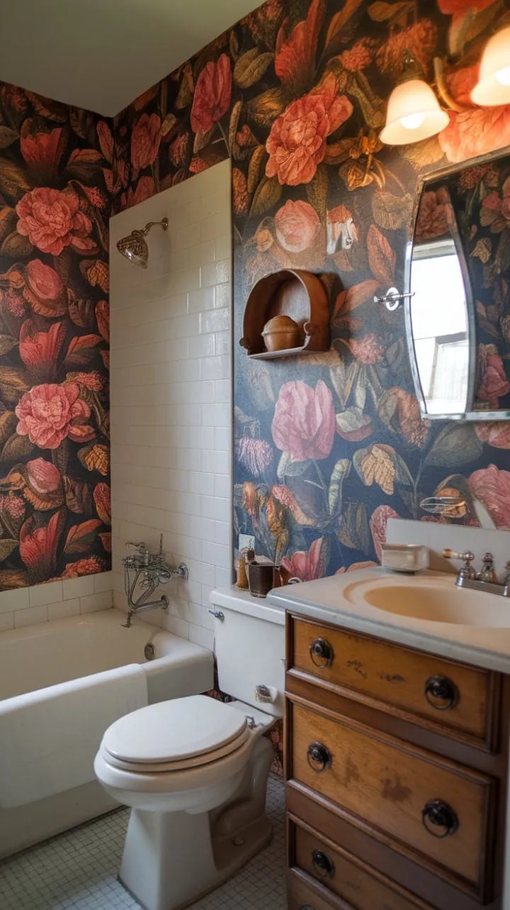 In a vintage bathroom draped in vibrant floral wallpaper, warm light invites you to embrace self-care amidst nature's charm.