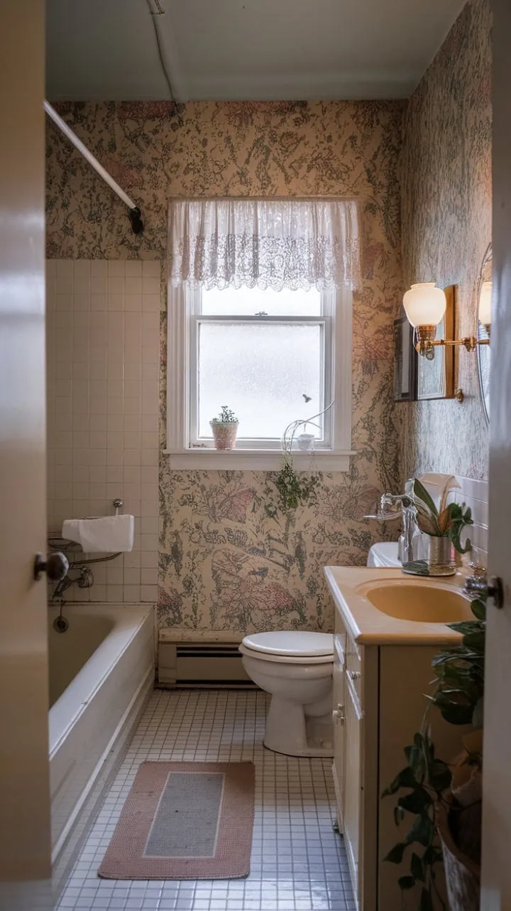 This vintage bathroom, with its floral wallpaper and soft lighting, offers a serene retreat that invites tranquil moments of nostalgia.