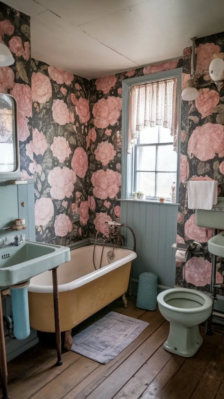In a nostalgic floral bathroom, aged porcelain and rustic wood create a serene backdrop for tranquil mornings and peaceful evenings.