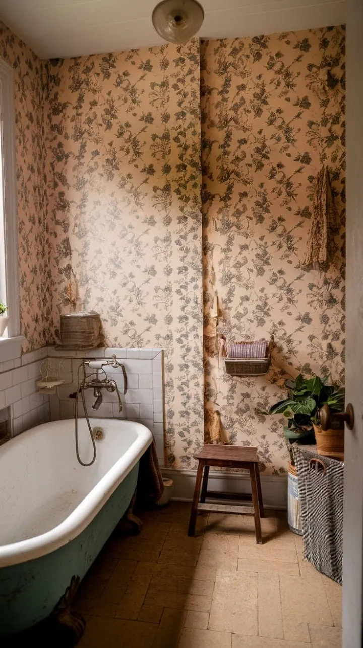This charming bathroom, with its vintage floral wallpaper and timeworn bathtub, invites you to bask in the tranquil echoes of the past.