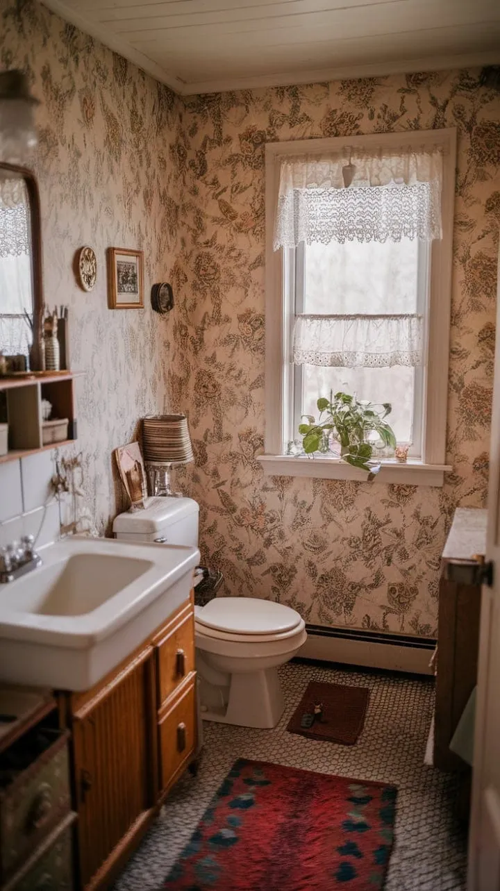 In a nostalgic bathroom, sunlight waltzes through lace curtains, illuminating floral wallpaper and a porcelain sink atop a weathered cabinet, crafting a serene sanctuary of tranquility.