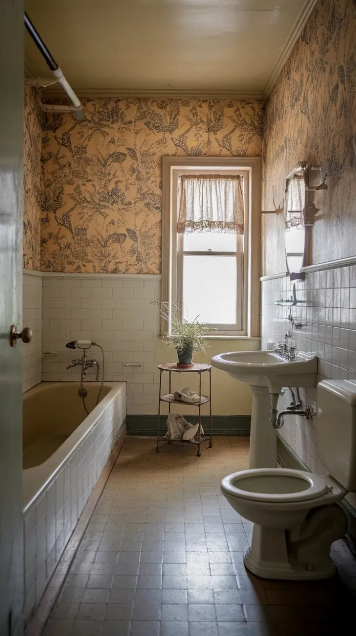 This vintage bathroom, with its floral wallpaper and vibrant plant, exudes a tranquil charm that captures timeless elegance.