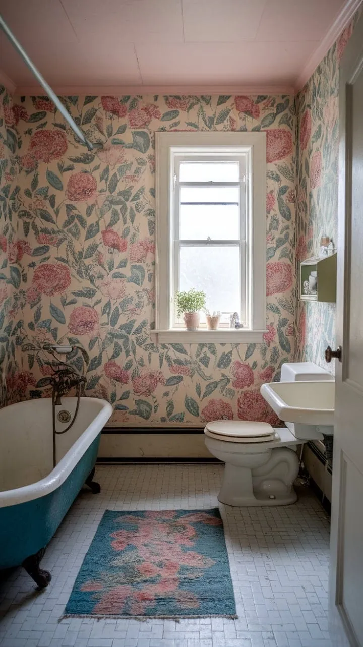 Step into a serene sanctuary where blossoming wallpaper and a vintage clawfoot tub invite you to unwind in cozy charm.