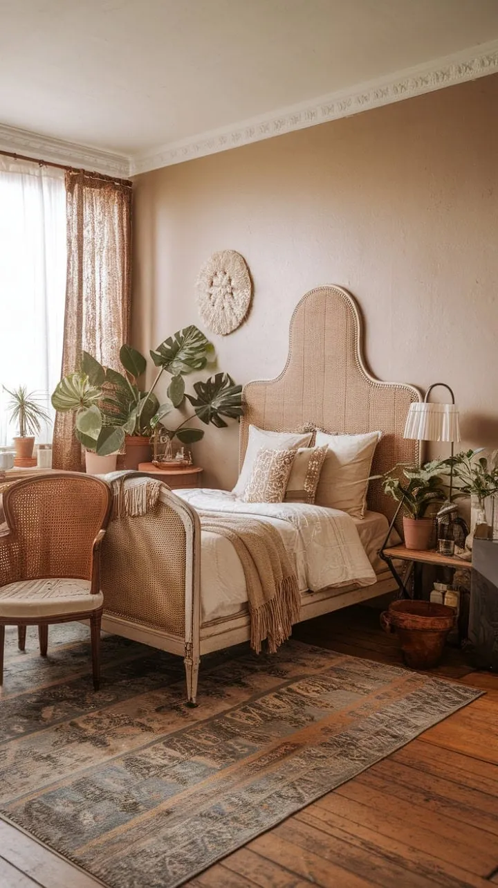 Sunlit and serene, this boho-vintage bedroom harmoniously weaves together woven textures and treasured heirlooms for a cozy retreat.