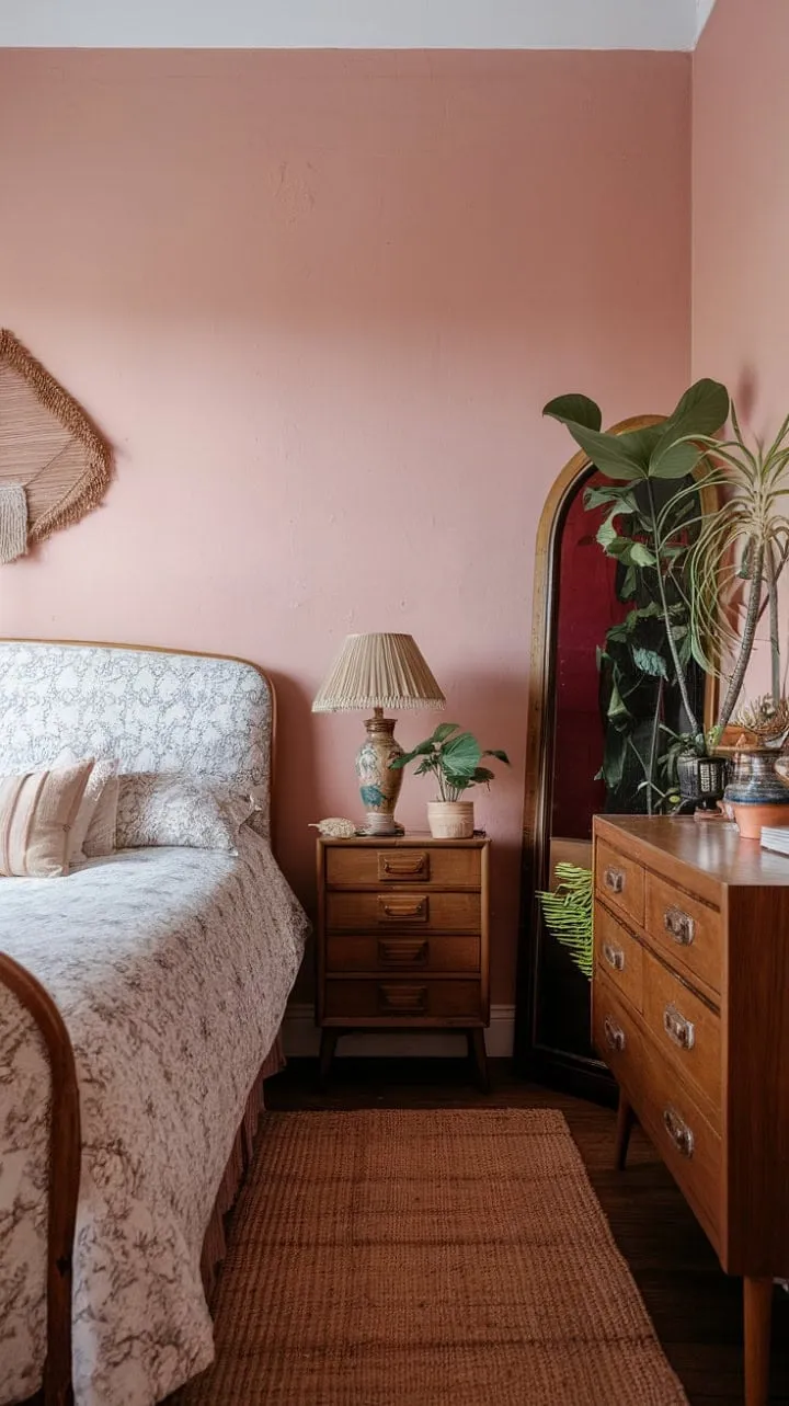 This enchanting boho retreat blends soft pink hues and vintage touches to create a uniquely cozy sanctuary that marries modern comfort with timeless elegance.