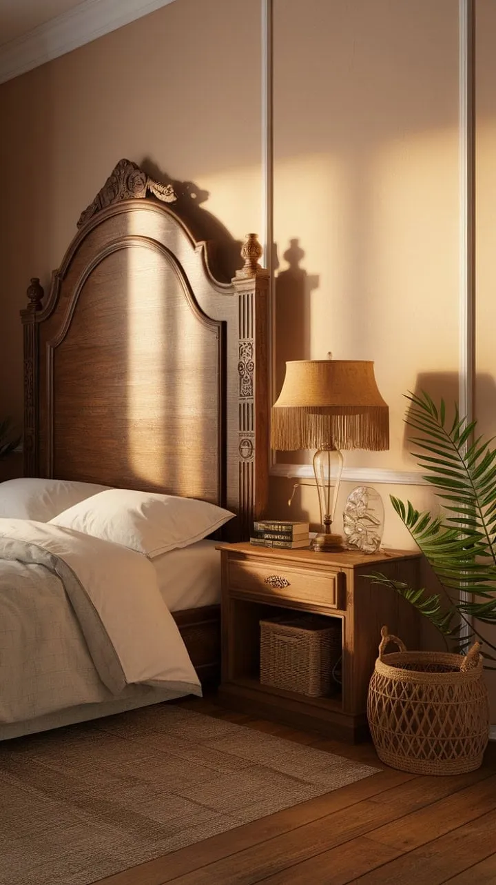 This bedroom masterfully blends vintage charm with modern comfort, crafting a tranquil oasis of subtle elegance.