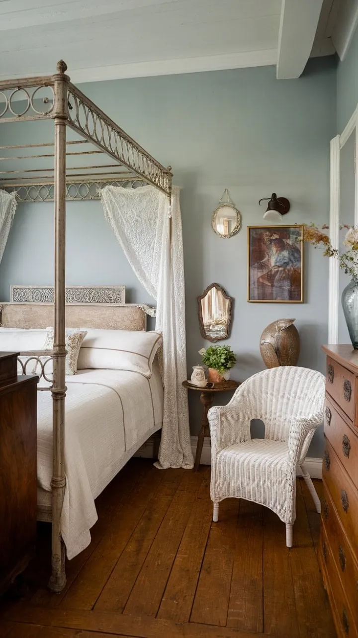 This bedroom harmoniously fuses vintage allure with modern minimalism, crafting a tranquil retreat that celebrates both history and contemporary style.
