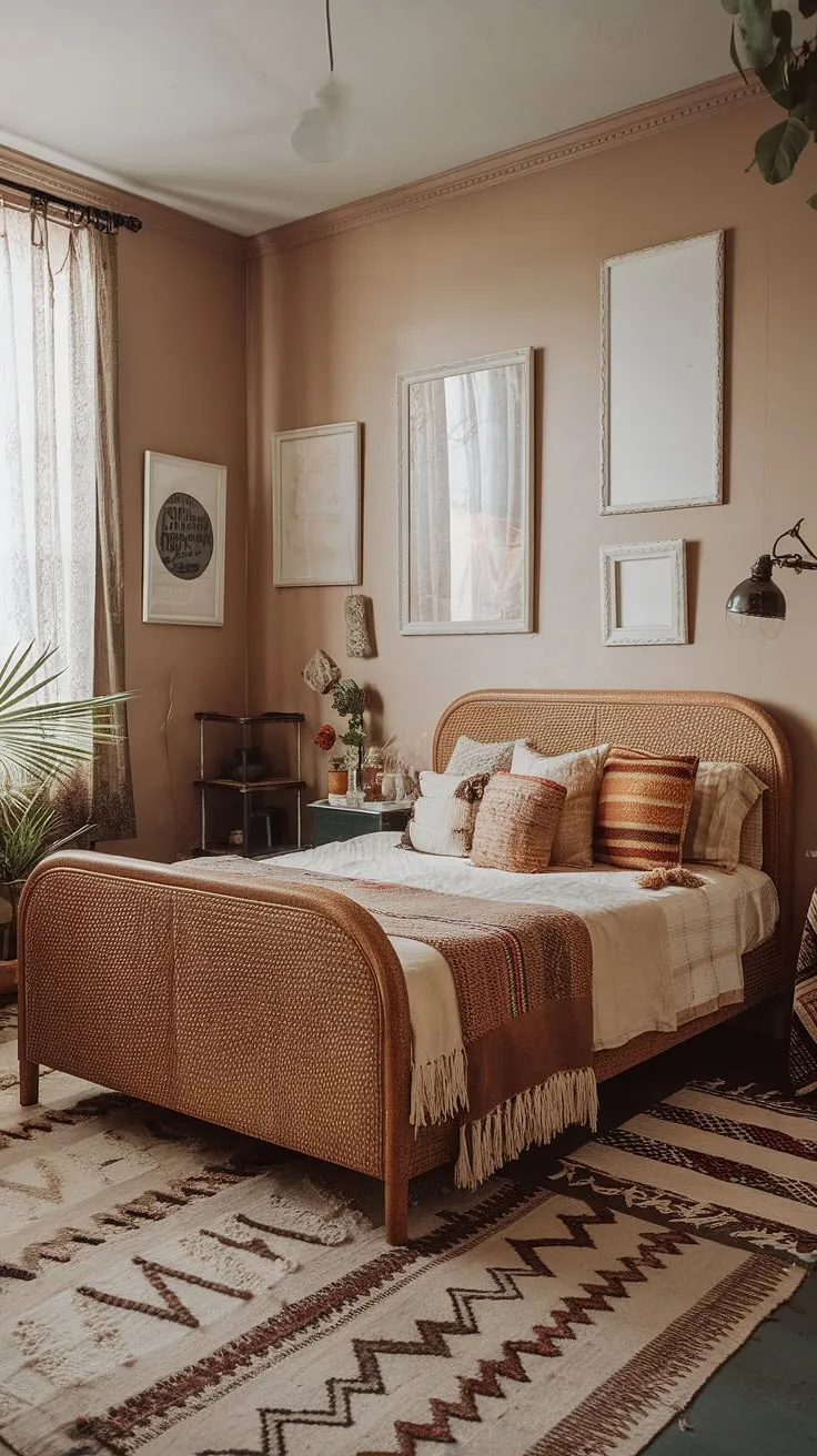 The master bedroom vintage decor features a warm beige palette, eclectic pillows, and a vintage lamp, creating a charming shabby chic bedroom atmosphere.