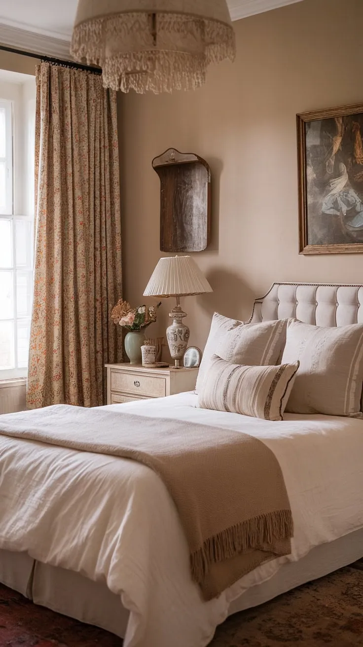The warm beige walls and vintage lamp enhance the vintage chic bedroom vibe, making it a perfect retreat for a modern vintage minimalist couple.
