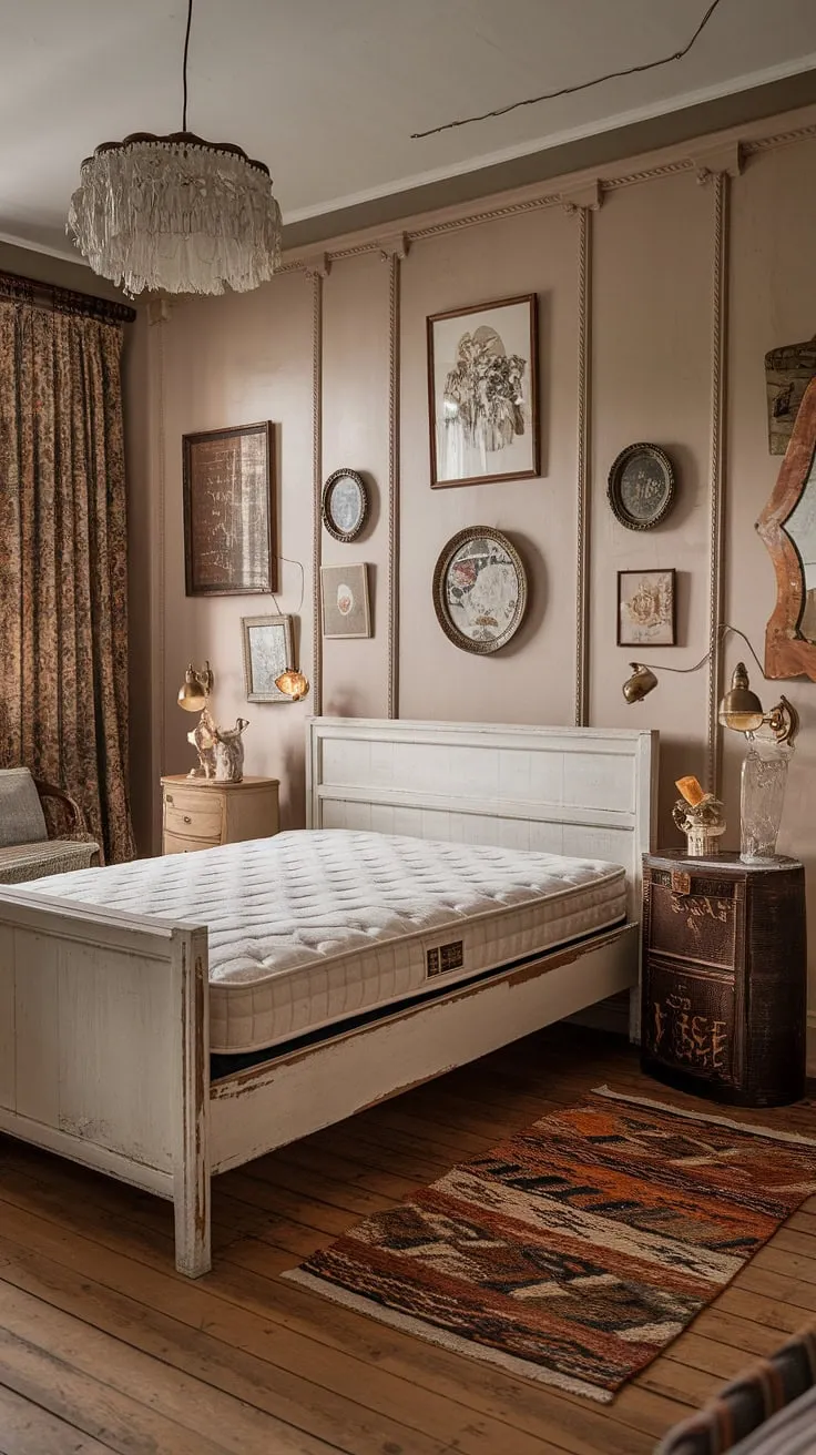 The master bedroom vintage decor showcases a harmonious mix of vintage chic bedroom ideas, highlighted by a plush mattress, wooden flooring, and a patterned rug.