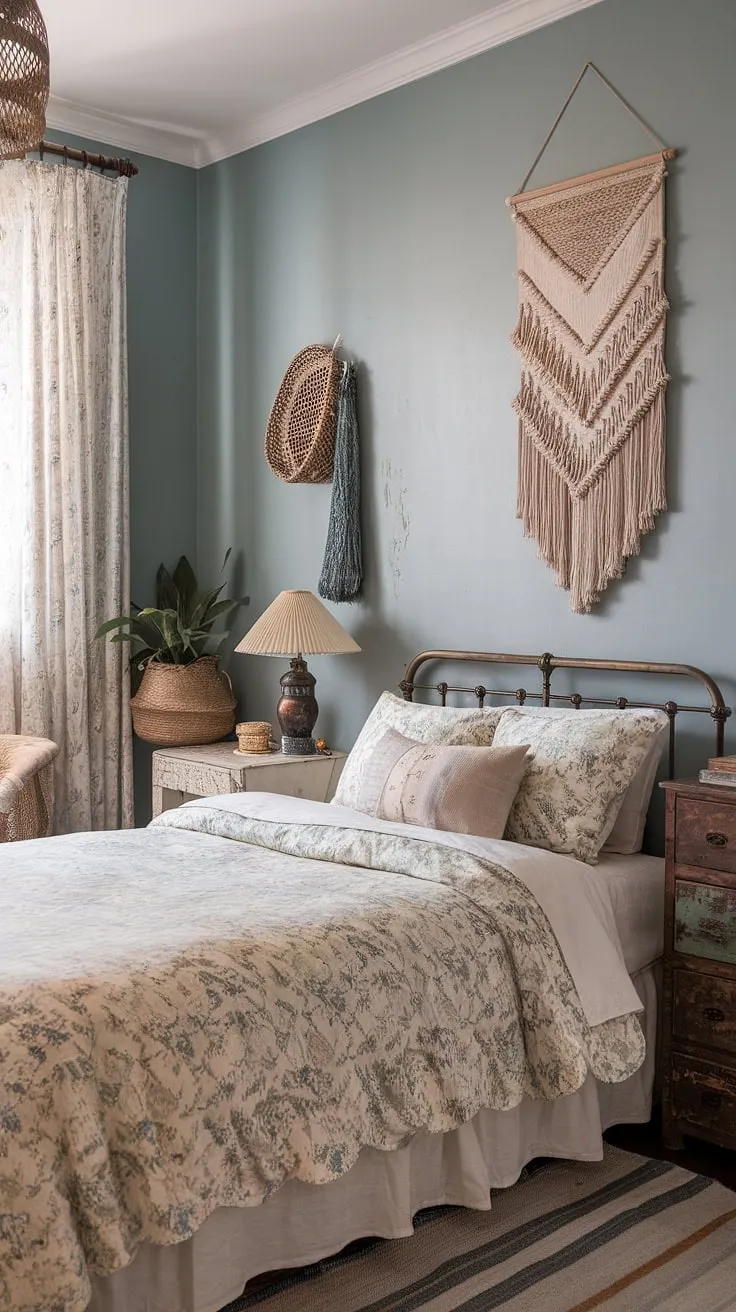 The master bedroom vintage decor showcases a charming mix of vintage chic bedroom ideas, highlighted by a queen-size bed, vintage lamp, and carefully curated decorative items.