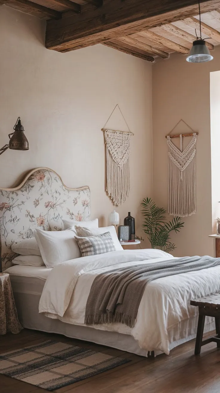 This cozy vintage bedroom blends shabby chic and contemporary vintage decor with rustic wooden beams, floral patterns, and boho accents for a stylish master bedroom aesthetic.