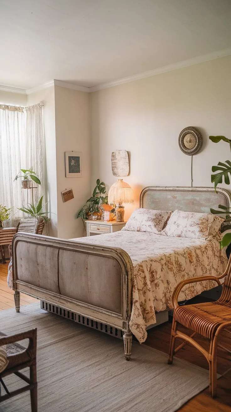 With its light-colored walls, vintage decor, and hardwood flooring, this master bedroom captures the essence of modern vintage minimalist style while offering a warm, inviting atmosphere.