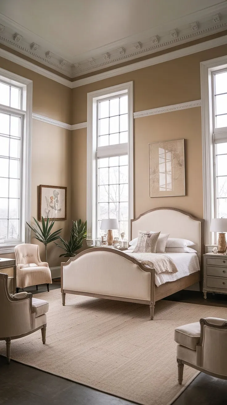 The master bedroom showcases vintage chic bedroom ideas through its high ceilings, large windows, and a harmonious mix of shabby chic and modern vintage minimalist touches.