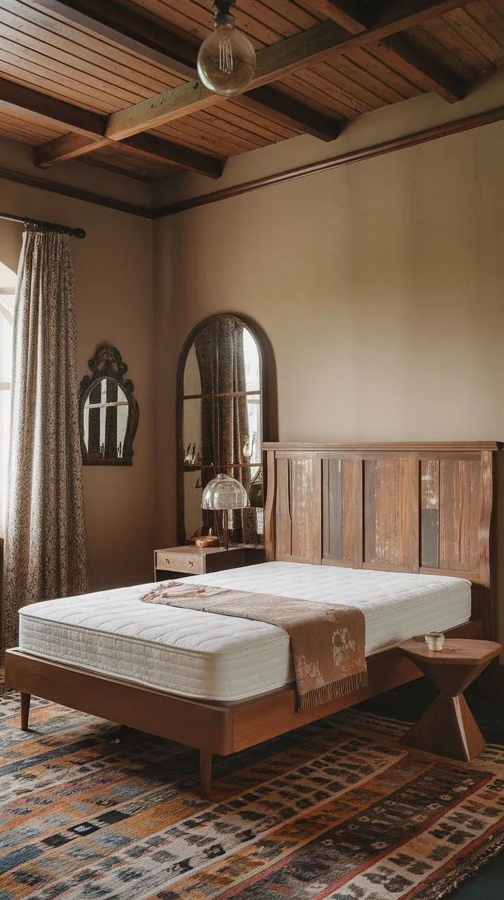 The master bedroom showcases a boho vintage aesthetic with contemporary touches, highlighted by a warm wooden frame bed and inviting decor that creates a stylish retreat.