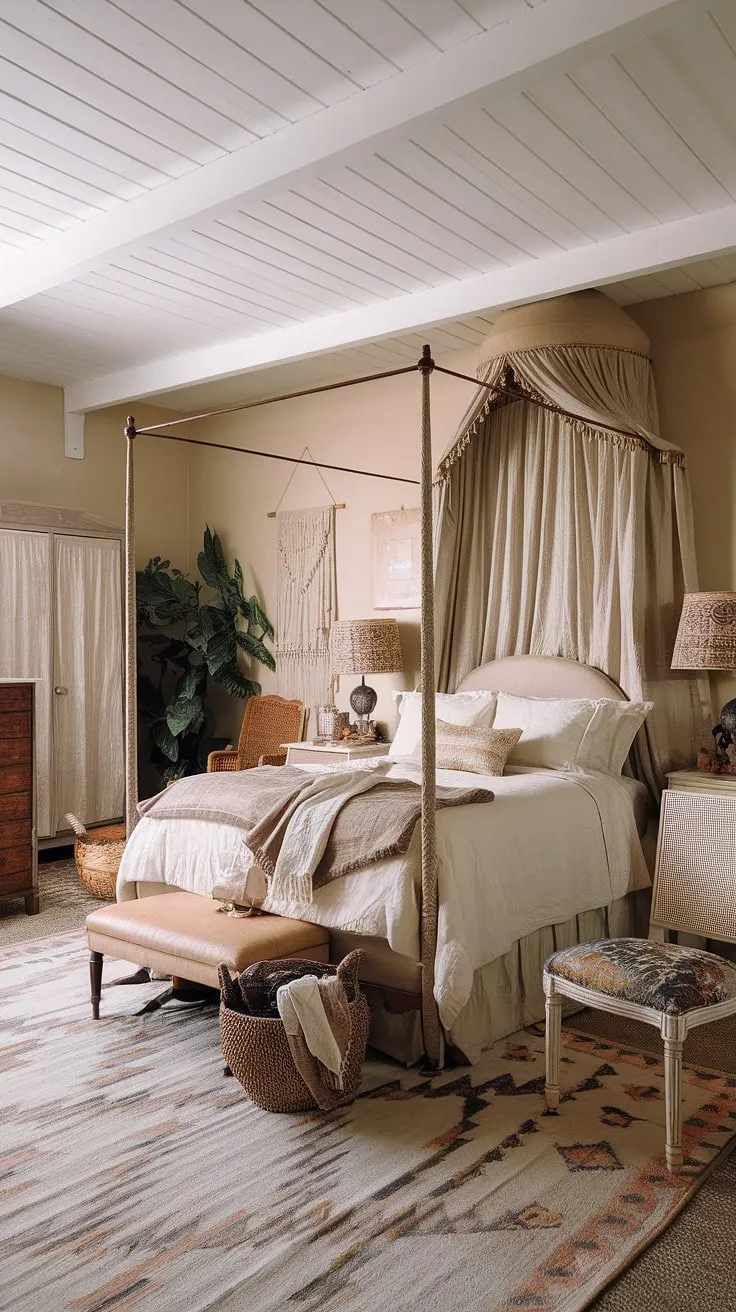 With its beige walls and white wood-paneled ceiling, this master bedroom vintage decor blends contemporary vintage elements with shabby chic touches for a modern vintage minimalist vibe.