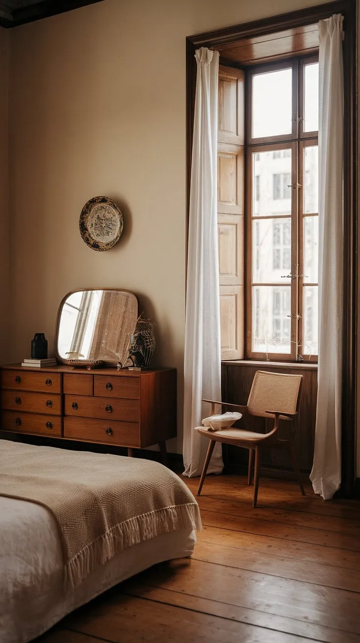 This cozy vintage bedroom blends contemporary vintage decor with shabby chic elements, featuring a wooden floor, warm lighting, and a stylish wooden dresser that perfectly captures vintage couple bedroom ideas.
