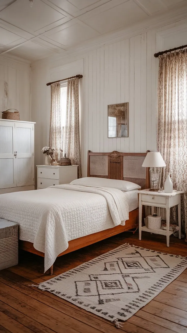This cozy vintage bedroom blends shabby chic and modern vintage minimalist decor, featuring a queen-sized bed with a white quilt, wooden accents, and geometric patterns for a stylish vintage couple retreat.
