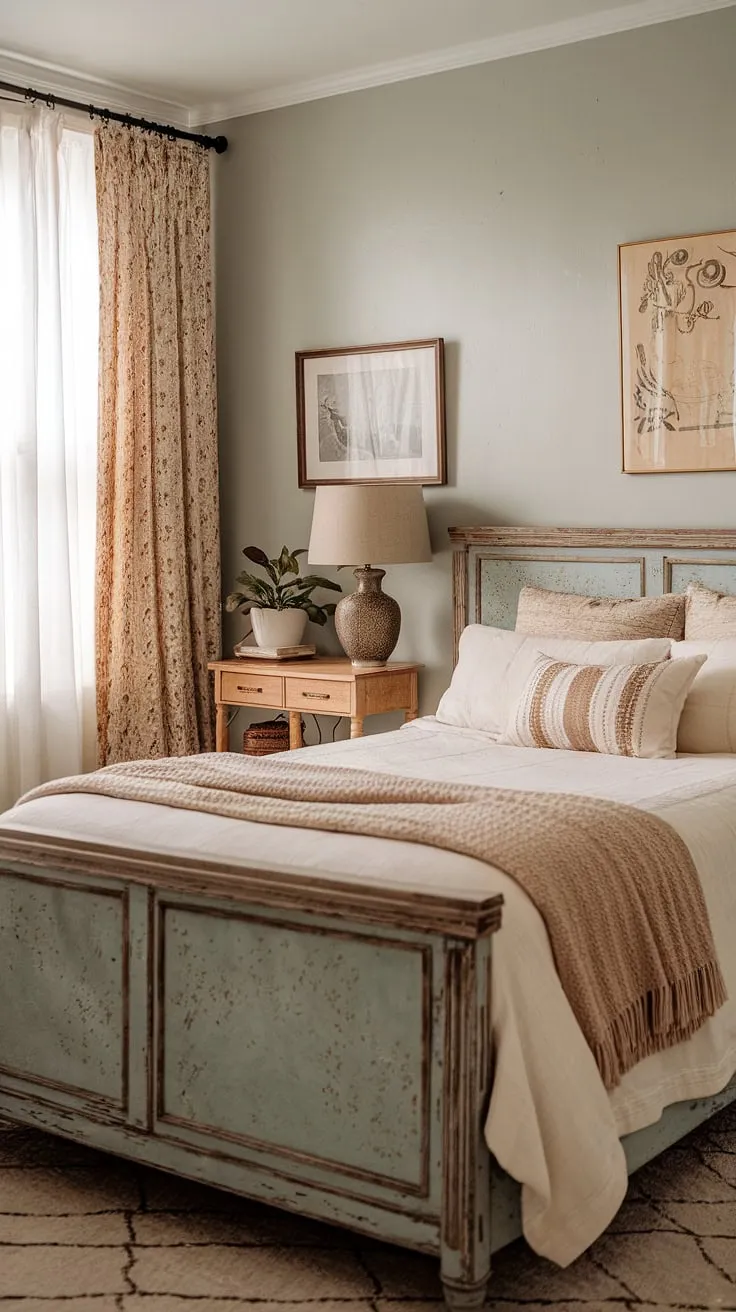 A master bedroom vintage decor that harmonizes vintage chic bedroom ideas with contemporary elements, creating a warm and inviting atmosphere.