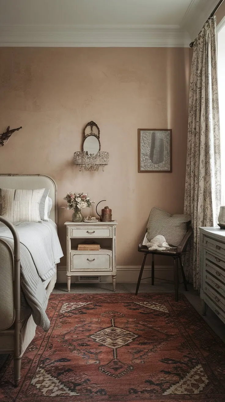 With its soft beige walls and a mix of contemporary vintage decor, this vintage chic bedroom idea creates a warm ambiance perfect for a boho vintage retreat.