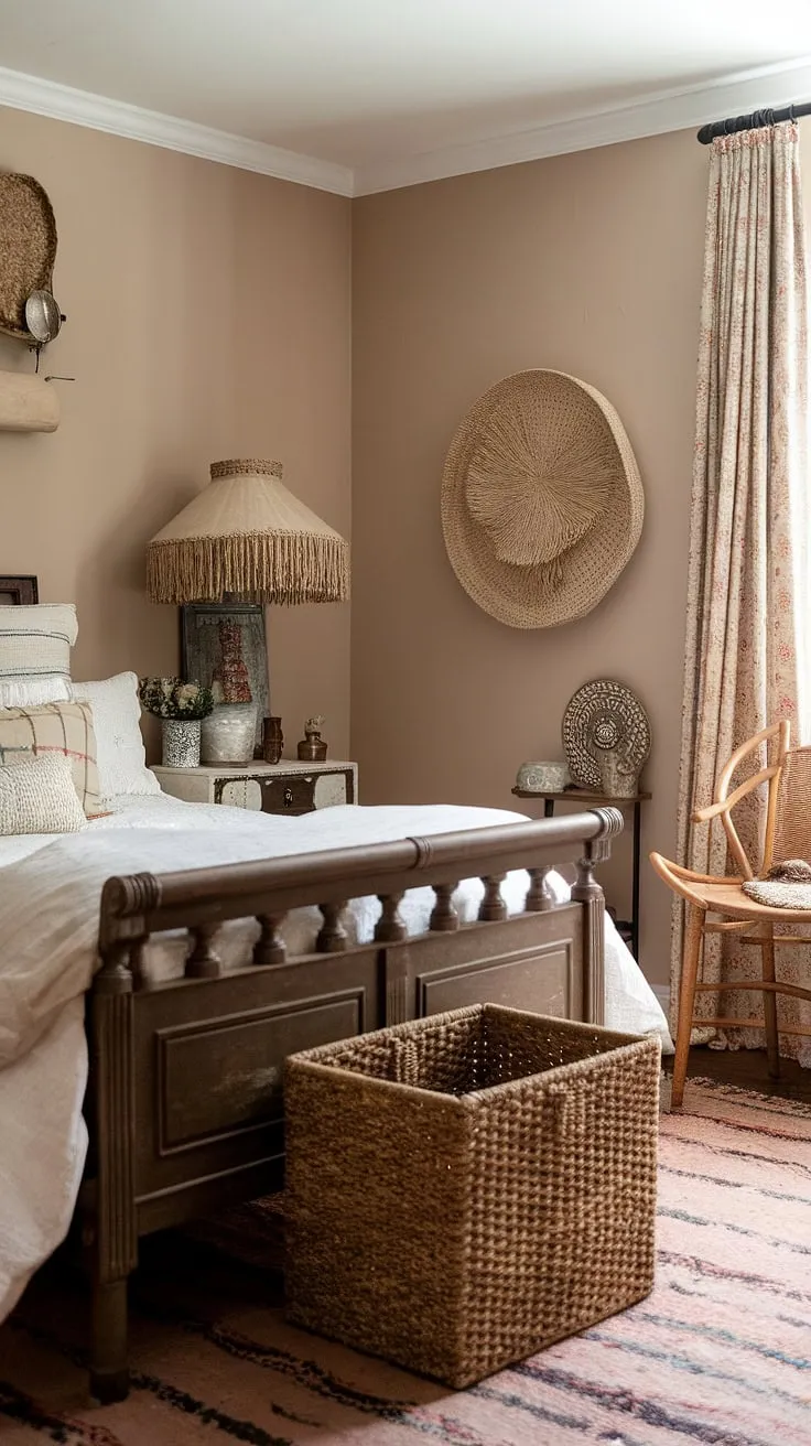 This cozy vintage bedroom blends boho vintage aesthetics with shabby chic decor, featuring a vintage wooden bed, soft beige walls, and modern minimalist touches for a charming master bedroom retreat.