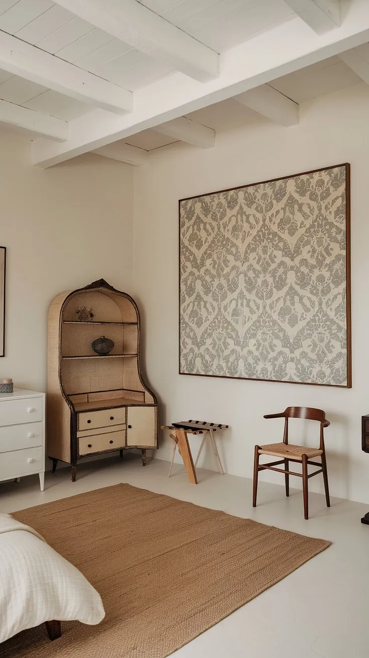 The room showcases a stylish mix of contemporary vintage decor and shabby chic touches, creating a warm and inviting atmosphere perfect for a vintage couple.