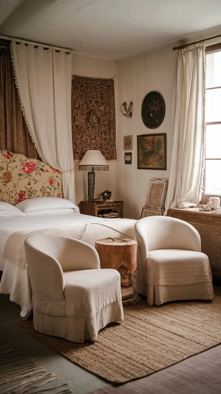 This cozy vintage bedroom showcases a boho-chic aesthetic with a floral headboard, vintage artwork, and a woven rug, perfect for vintage couple bedroom ideas.