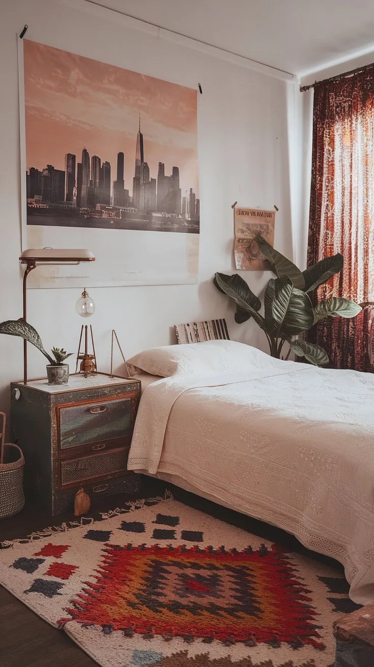The master bedroom vintage decor features a well-lit space adorned with a unique rug and plants, blending contemporary vintage decor with modern vintage minimalist elements.