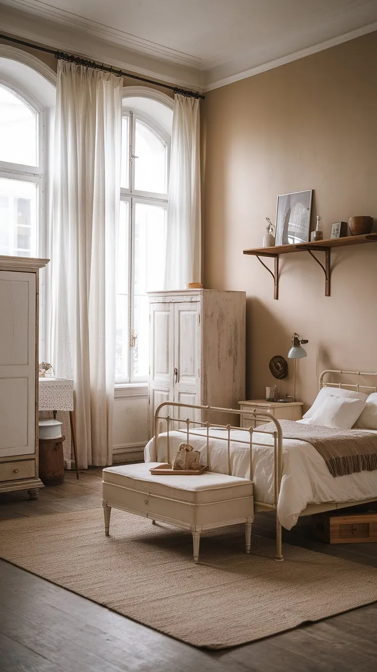 The master bedroom showcases a boho vintage aesthetic with a soft beige palette, vintage furnishings, and a cozy ambiance perfect for relaxation.
