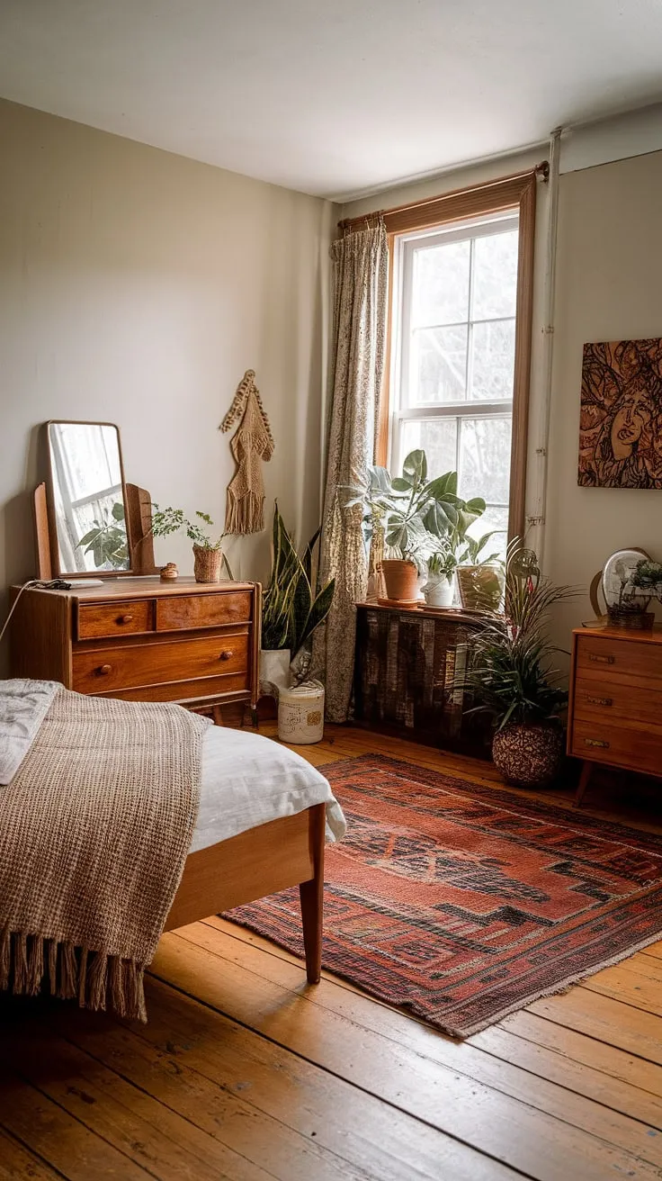 The master bedroom exudes vintage chic charm with its wooden floors, woven blankets, and contemporary vintage decor elements, ideal for a modern vintage minimalist vibe.