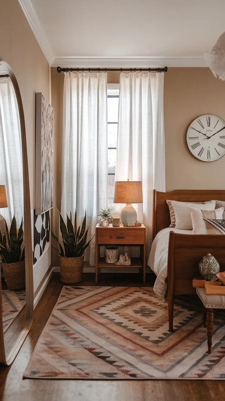 This cozy vintage bedroom beautifully blends shabby chic and boho elements with modern touches, creating a perfect vintage chic aesthetic for a master bedroom.