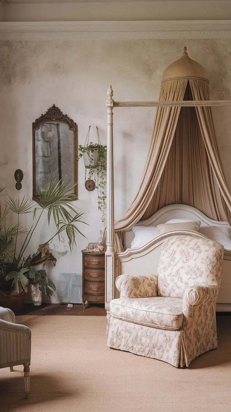 Featuring contemporary vintage decor and modern vintage minimalist elements, this master bedroom exudes charm with its vintage mirror, decorative items, and inviting beige tones.