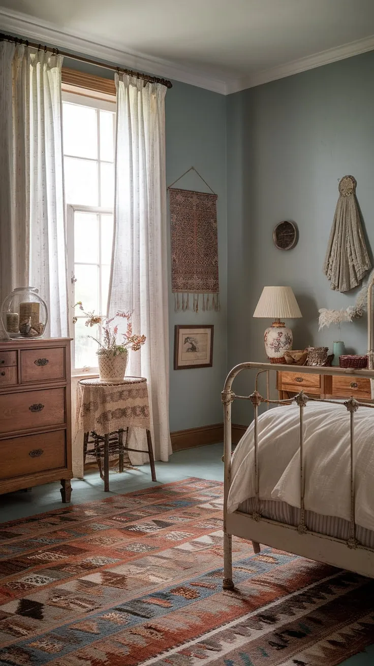 The master bedroom vintage decor combines contemporary vintage elements with a modern vintage minimalist approach, highlighted by a patterned rug and elegant white curtains.
