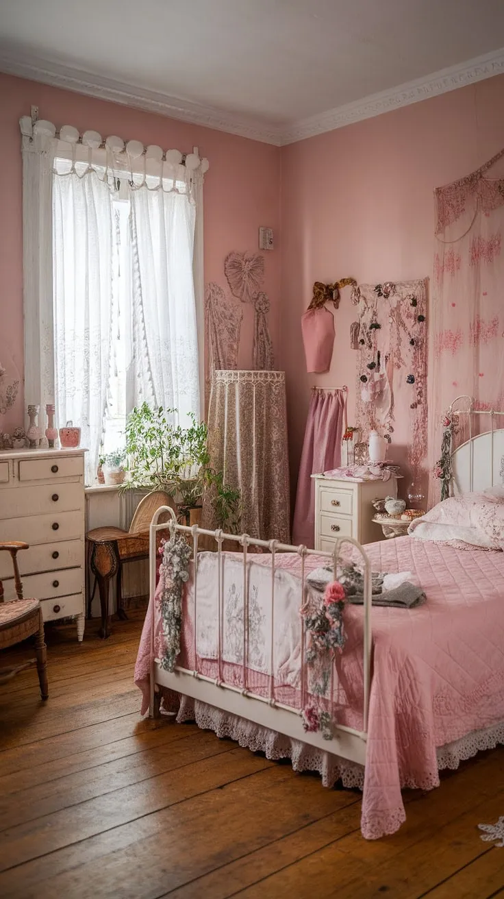 This cozy vintage bedroom showcases a shabby chic aesthetic with a white bed, pink quilt, and floral decorations, perfect for vintage couple bedroom ideas.