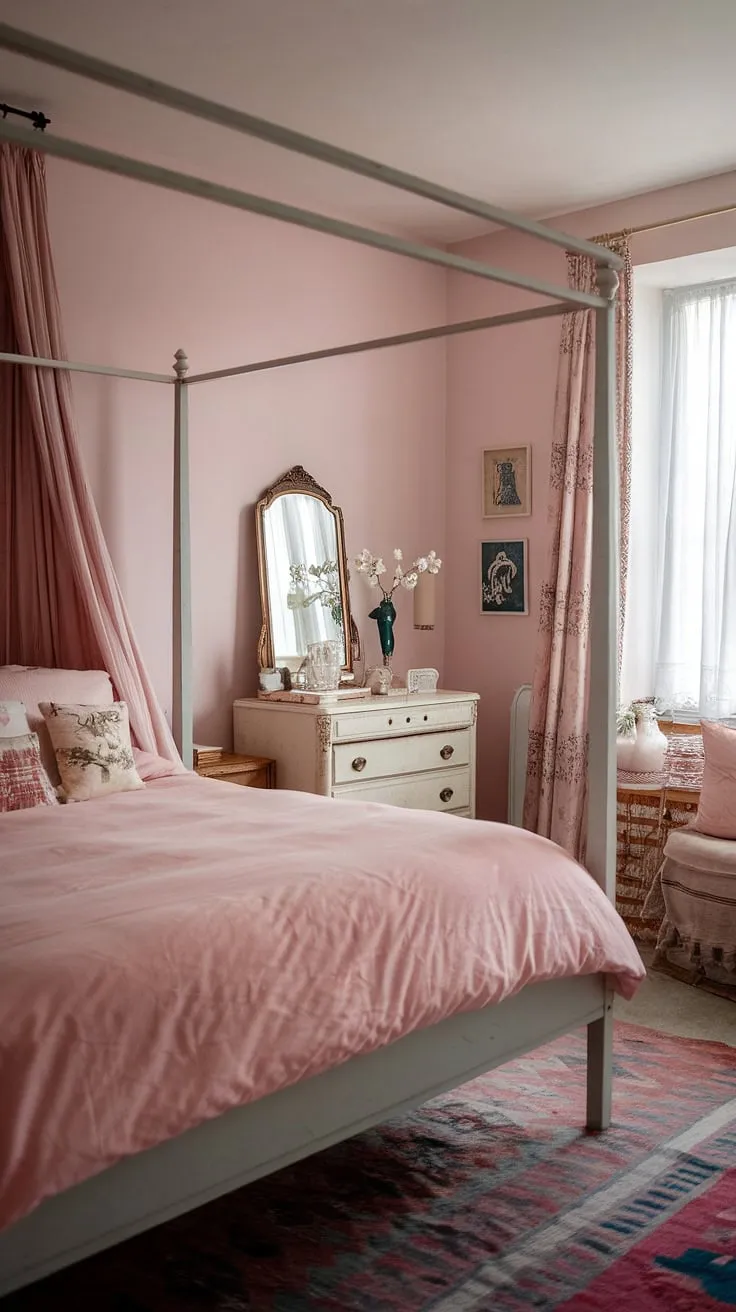 The master bedroom vintage decor showcases a charming mix of vintage couple bedroom ideas and contemporary vintage decor, highlighted by a stylish canopy bed and a vintage dresser.