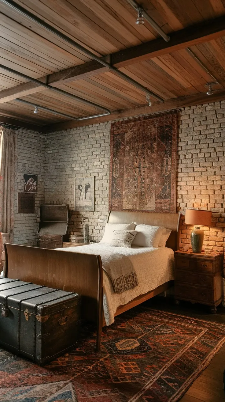 With its inviting wooden bed, vintage trunk, and charming wall art, this shabby chic bedroom embodies the essence of a boho vintage aesthetic and contemporary vintage decor.