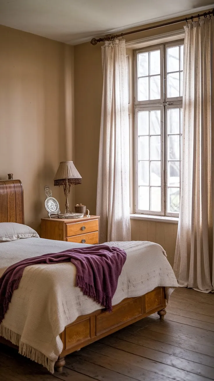 The vintage couple bedroom ideas come to life in this charming space, featuring a wooden nightstand and soft white curtains that enhance the boho vintage bedroom vibe.