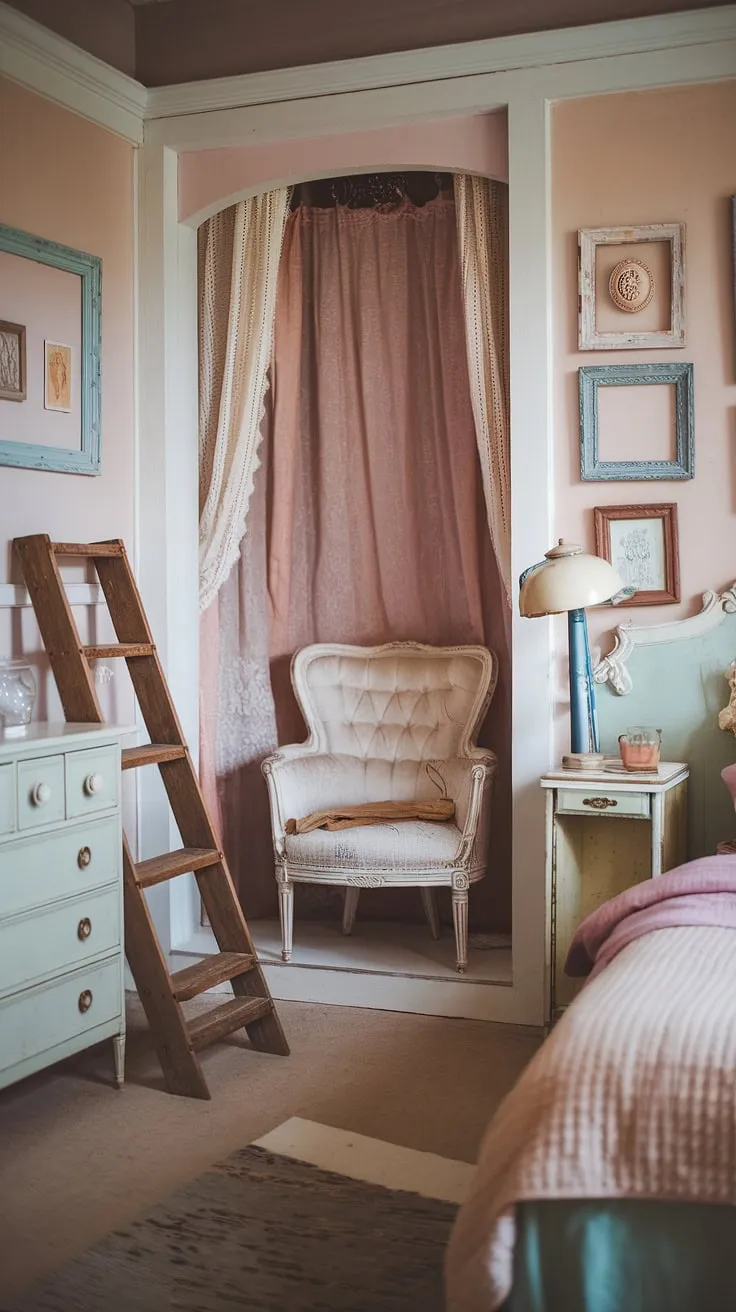 This cozy vintage bedroom showcases a boho aesthetic with shabby chic decor, featuring a vintage chair, pastel accents, and soft lighting for a perfect vintage couple bedroom idea.