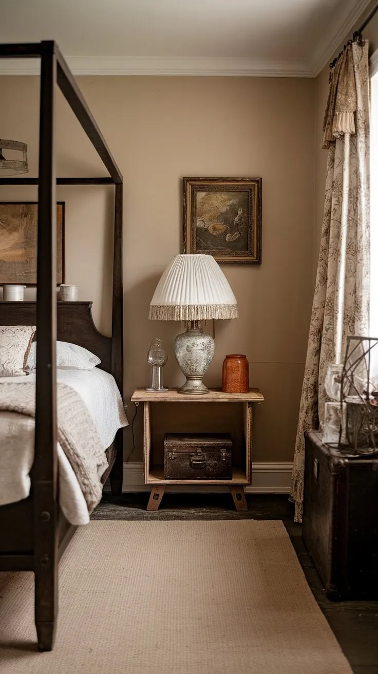 This cozy vintage bedroom showcases a boho vintage aesthetic with a dark wood bed frame, shabby chic decor, and warm lighting, perfect for vintage couple bedroom ideas.