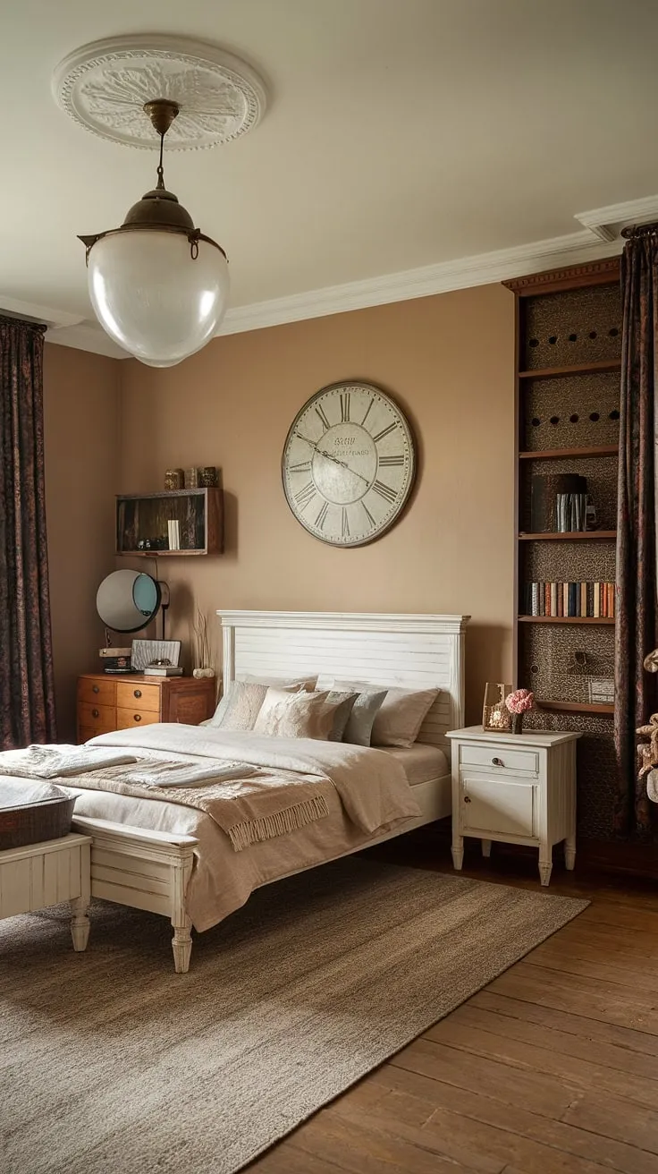 With its vintage-style light fixture and warm wooden floors, this boho vintage bedroom captures the essence of contemporary vintage decor while offering inviting vintage couple bedroom ideas.