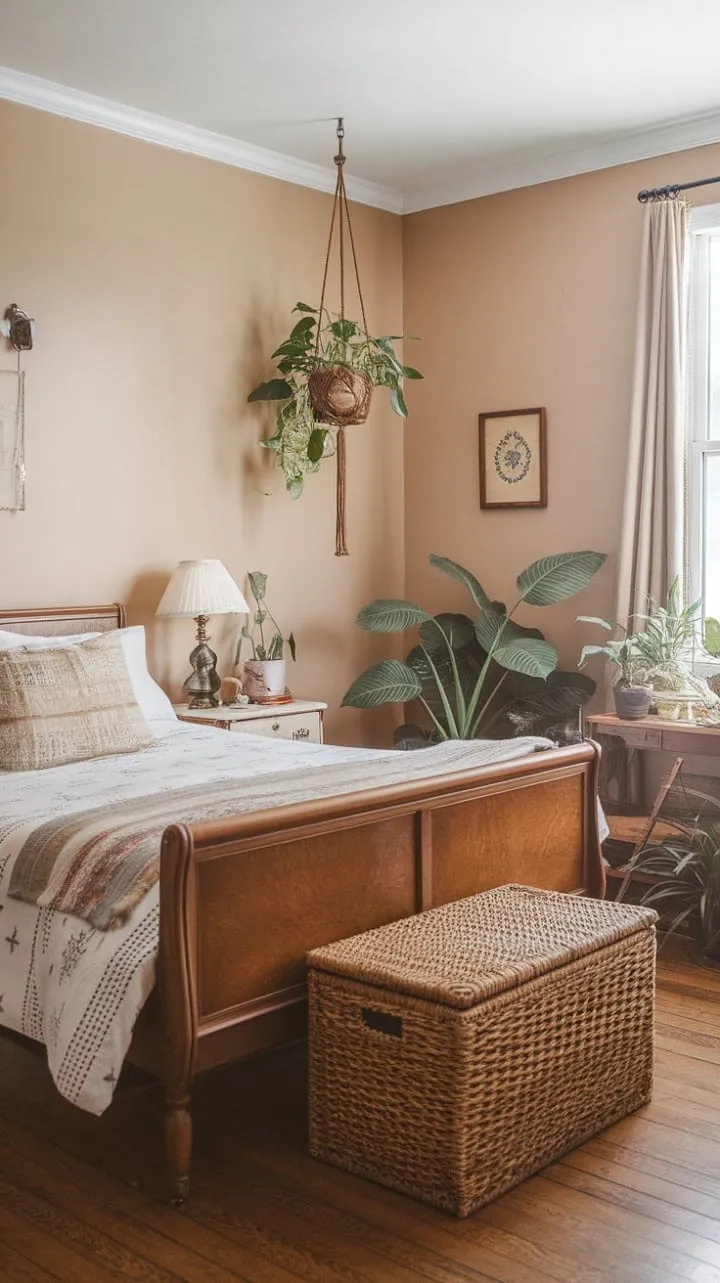This sunlit boho vintage sanctuary harmoniously fuses stylish decor with cozy comfort, offering a tranquil escape for relaxation.